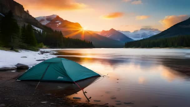 Caminatas Camping Creación Tiendas Campaña Naturaleza Con Hermosa Montaña Puesta — Vídeo de stock