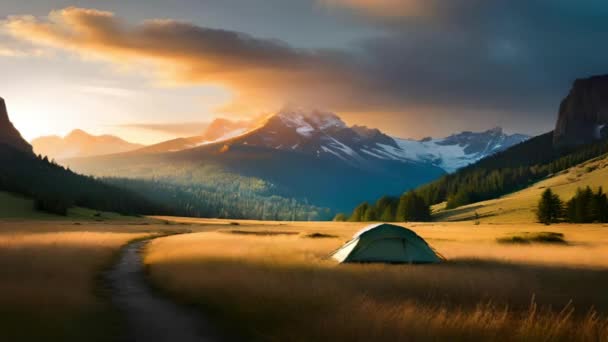 キャンプハイキングや美しい山 日の出 湖の景色と野生のテントを設定します ビジネス旅行 ウェブサイト 企業などに適しています — ストック動画