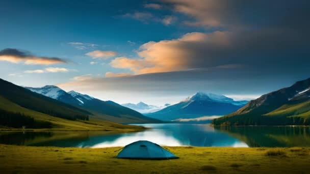 Camping Hikes Setting Tents Wild Beautiful Mountain Sunset Sunrise Lake — Stock Video
