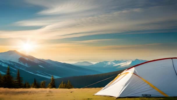Camping Hikes Setting Tents Wild Beautiful Mountain Sunset Sunrise Lake — Stock Video
