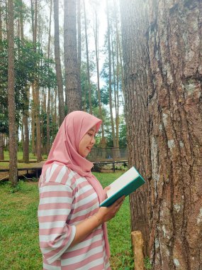 Tesettürlü bir kadın, çam ormanında oturup kitap okuyor, yorucu bir işten tatilin tadını çıkarıyor, olumlu aktiviteler yapıyor, sessiz, rahat ve karanlık bir yerde bilgiyi arttırıyor.
