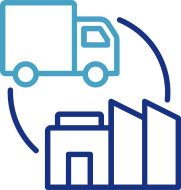 İkmal zinciri lojistik taşımacılık veya dağıtım kavramının basit vektör ikonu, fabrika veya depo gibi bir tesisi sembolize eder.