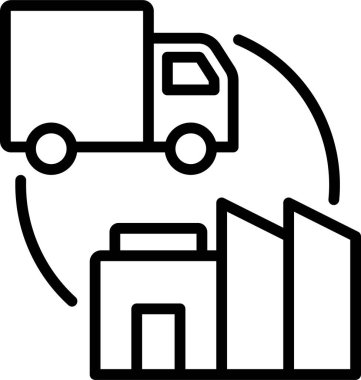 İkmal zinciri lojistik taşımacılık veya dağıtım kavramının basit vektör ikonu, fabrika veya depo gibi bir tesisi sembolize eder.