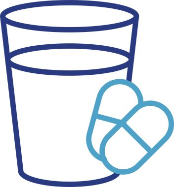 Cam ve kapsül tek simge. Sıvı yardımıyla ilaç almak için iki renkli görsel talimat rehberi.