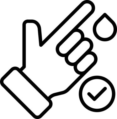 İnceleme için bir damla kan alınması için işaret parmağı delinmiş bir insan elinin simgesi. Yanında da doğrulama işareti ya da normal durumda kan var.