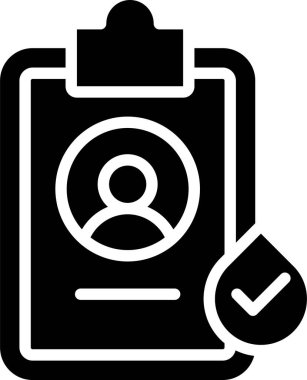 Tıbbi kayıtlar veya kullanıcı profilleri bağlamında kişisel veri, kayıt, kimlik doğrulama veya doğrulama durumuyla ilgili kavramları iletmek için siyah simge.