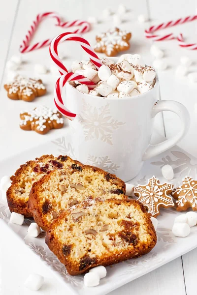 Composition Noël Avec Tasse Chocolat Chaud Portion Gâteau Biscuit Pain — Photo