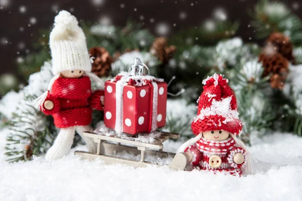 Cute Little Zabawki Dekoracji Tle Śniegu Koncepcja Bożego Narodzenia Lub — Zdjęcie stockowe