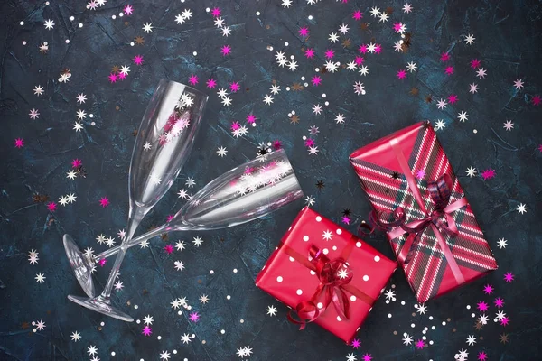 Weihnachten Oder Neujahr Hintergrund Draufsicht Auf Zwei Kristall Champagner — Stockfoto