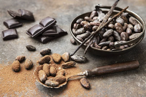 stock image Composition with chocolate,  spices, cocoa beans and powder, selective focus with shallow depth of field