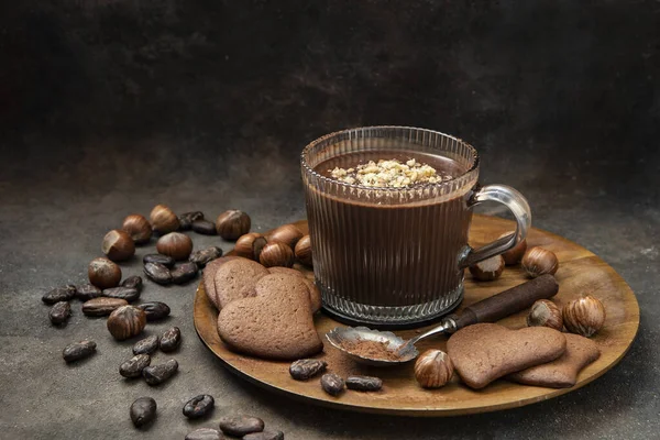Bebida Aromática Cacao Con Canela Galletas Dulces Sobre Fondo Oscuro — Foto de Stock