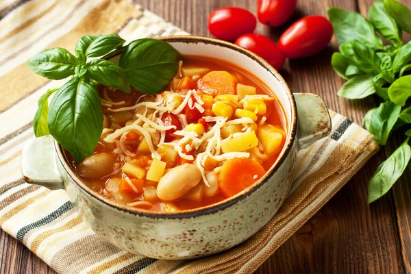 Soupe Minestrone Soupe Légumes Avec Tomate Fraîche Carotte Maïs Poivre — Photo