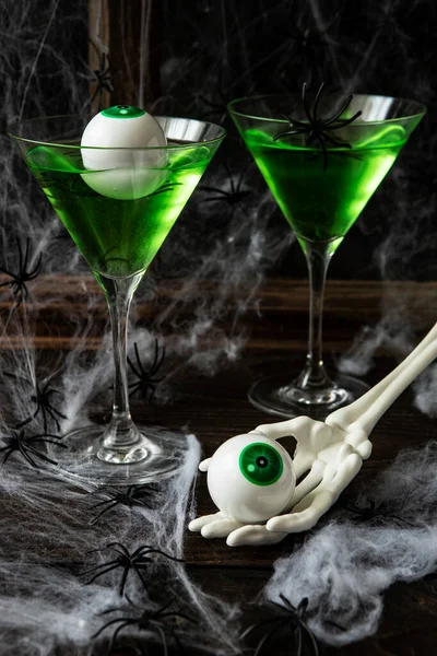 Halloween Composition Festive Drink Green Cocktail Accessories Night Dark Background — Stock Photo, Image