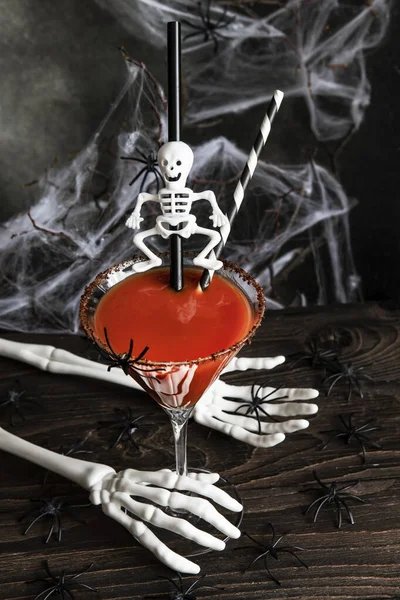 Halloween Alcoholic Cocktail Bloody Mary Scary Dark Background Bones Cob — Stock Photo, Image