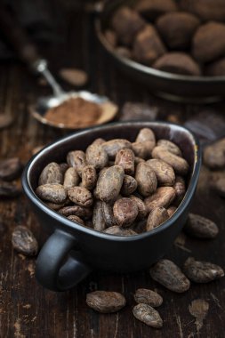 Çikolata, baharat, kakao çekirdeği ve pudra karışımı, sığ alan derinliğinde seçici bir odak.