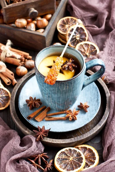 Composition Tea Ceramic Mug Spices Dark Wooden Background — Stock Photo, Image