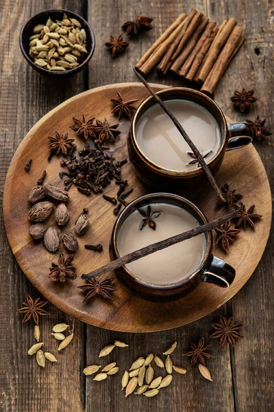 Mug Traditional Indian Masala Chai Tea Ingredients Cinnamon Cardamom Anise — Stock Photo, Image