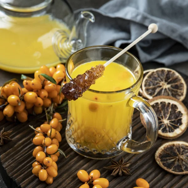 Concept Warm Autumn Beverage Hot Herbal Tea Sea Buckthorn Spices — Stock Photo, Image