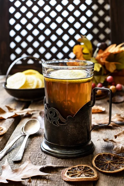 Glass Cup Tea Autumn Leaves Tea Holder Spoon Wooden Old — Stock Photo, Image