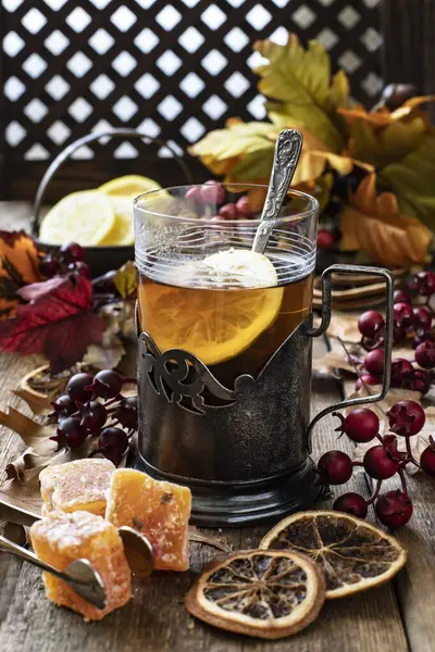 Freshly Prepared Tea Vintage Glass Holder Wooden Background Selective Focus — Stock Photo, Image