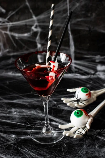 Halloween Alcoholic Cocktail Bloody Martini Scary Dark Background Cobweb Spiders Stock Photo