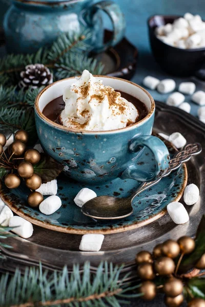 Cup of creamy hot chocolate with melted marshmallows    for christmas holiday , close-up with selective focus, shallow depth of field