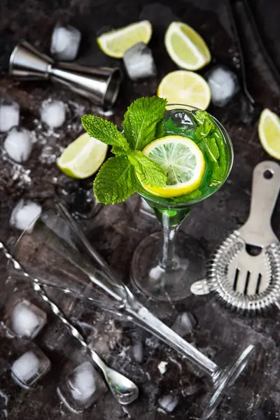 Refreshing Drink Mint Leaves Dark Concrete Background Selective Focus Stock Picture