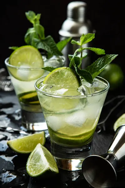 Glass Citrus Cold Drink Fresh Mint Shallow Depth Field Selective Stock Photo