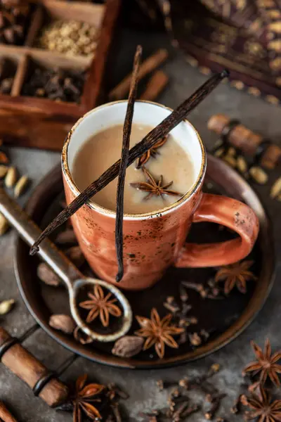 Чай Масала Гарячий Індійський Молочний Напій Спеціями Стокове Фото