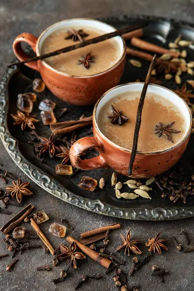 Caneca Chá Tradicional Indiana Masala Chai Com Ingredientes Canela Cardamomo Imagens Royalty-Free