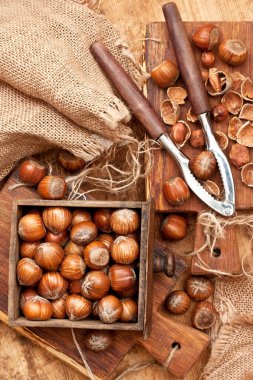 Fındık kutusu ve vintage Fındıkkıran, üstten görünüm ile kompozisyon