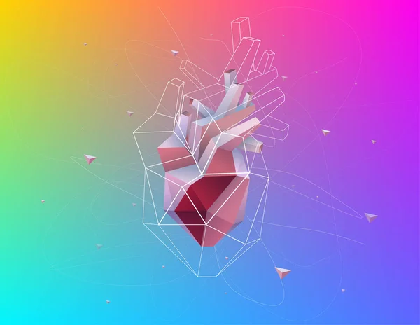 Çevresine dağılmış beyaz çizgilerden oluşan geometrik şekillerde sunulan bir insan kalbinin üç boyutlu çizimi.