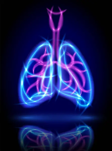 stock image Human lung illustration consists of glowing watercolor and purple curves on a dark blue background with glowing intersections, medium in modern technology. 
