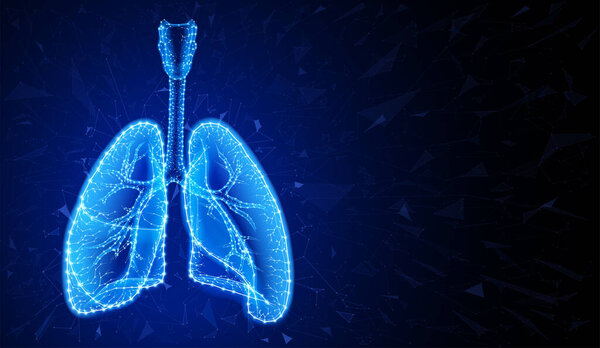 Иллюстрация двух легких человека в современном стиле с использованием геометрических форм, связанных с формой легких человека на темно-синем фоне.