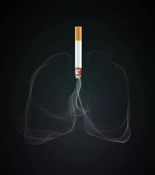 Siyah arka planda insan akciğeri şeklinde süzülen beyaz dumanlı üç boyutlu sigara illüstrasyonu. Tıp, eğitim, reklam, ticaret ve sanayide kullanılır..