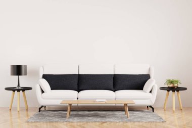 Beyaz modern oturma odasının içi şık beyaz kanepe, iç döşeme modeli, ahşap döşeme.-