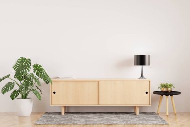 Beyaz modern oturma odası ahşap dolabı, siyah lambası, iç modeli, ahşap döşemesi olan şık konforlu bir oda.-