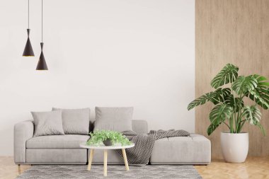 Beyaz modern oturma odası. Şık, rahat, gri kanepe. İç mimari, ahşap döşeme.-