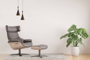 Beyaz modern oturma odası. Şık, rahat siyah deri koltuklu. İç mimari, ahşap döşemeli.-