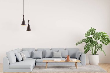 Beyaz modern oturma odasının içi şık, rahat, mavi, gri kanepe, iç mimari, ahşap döşeme.-