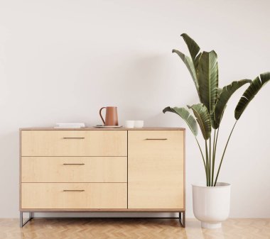 Beyaz modern oturma odası, şık rahat oda ahşap dolap, iç model, ahşap döşeme.-