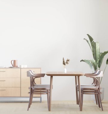 Yemek odası ve mutfak ahşap dolap. Beyaz arka plan, ön manzara, üç boyutlu görüntüleme alanı.