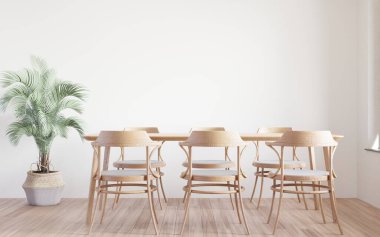 Dining room and kitchen copy space on white background, front view,dining table set,wooden table on wooden floor,Home interior. -3D rendering-	