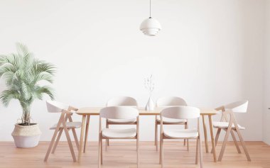 Dining room and kitchen copy space on white background, front view,dining table set,wooden table on wooden floor,Home interior. -3D rendering-	