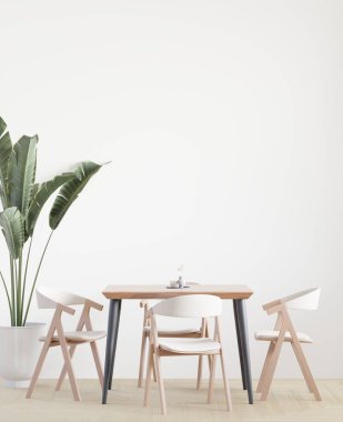 Dining room and kitchen copy space on white background, front view,dining table set,wooden table on wooden floor,Home interior. -3D rendering-	
