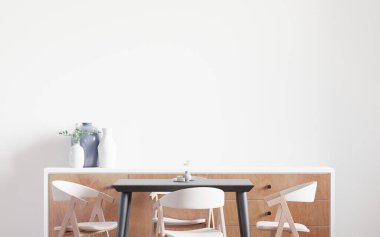 Dining room and cabinetcopy space on white background, front view,dining table set,wooden table on wooden floor,Home interior. -3D rendering-	