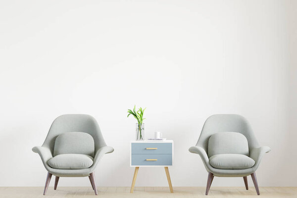 light green interior design ,big white room,white wall wooden floor and chair,carpet,cabinet light green -3d rendering-