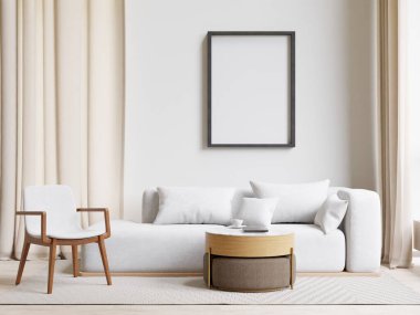 Tahta zemini, beyaz duvarı, büyük penceresi, halısı olan en az üç boyutlu bir oturma odası.