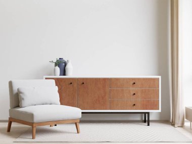 Tahta zemin, beyaz duvar, ahşap kahverengi dolap, büyük pencere, halı...