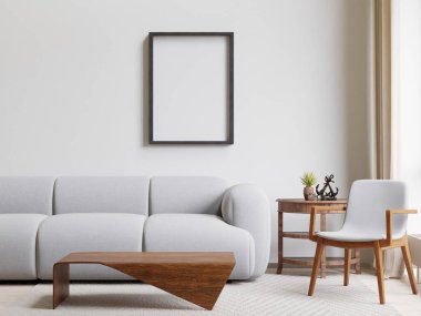 Tahta zemini, beyaz duvarı, büyük penceresi, halısı olan en az üç boyutlu bir oturma odası.